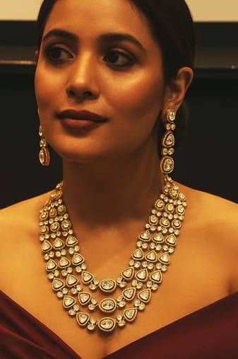 Royal golden kundan layered necklace set with sparkling polki stones royal radiance layered kundan necklace set