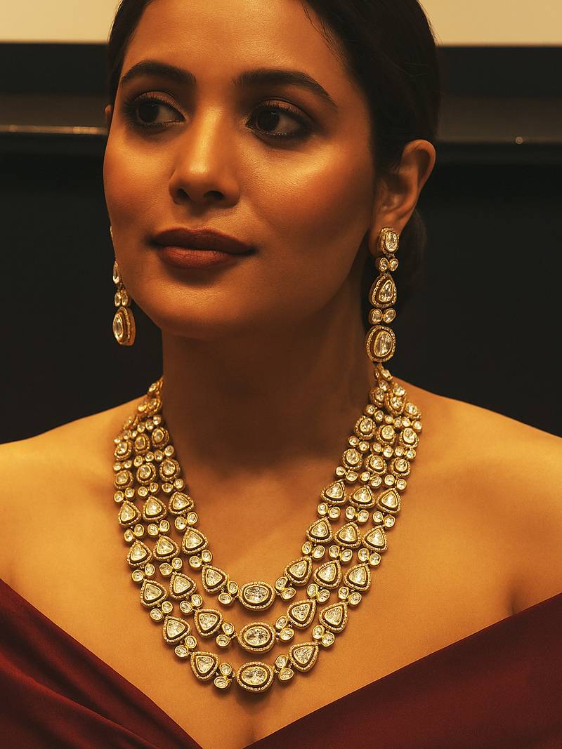 Royal golden kundan layered necklace set with sparkling polki stones royal radiance layered kundan necklace set