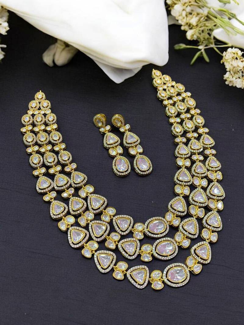 Royal golden kundan layered necklace set with sparkling polki stones royal radiance layered kundan necklace set