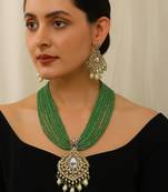 Elegant green beaded kundan necklace set with pearl drops