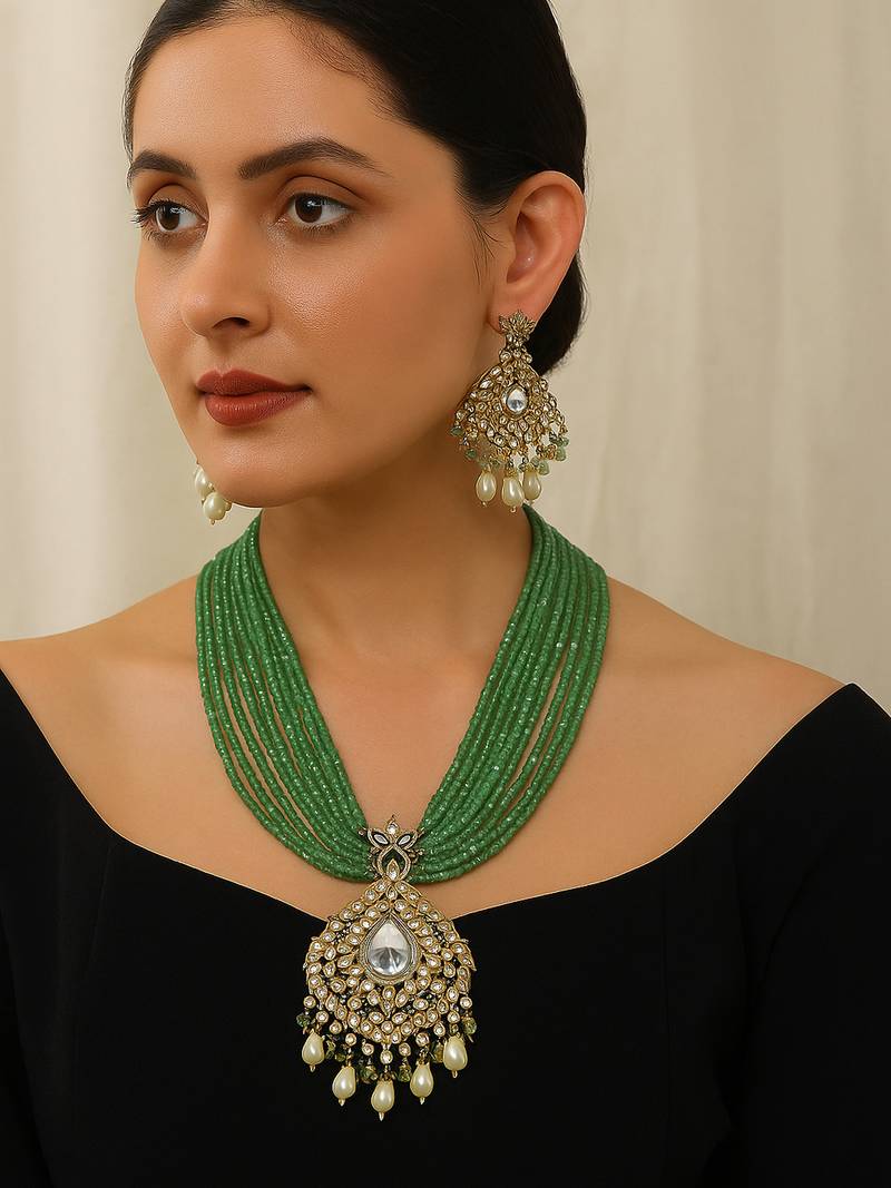 Elegant green beaded kundan necklace set with pearl drops