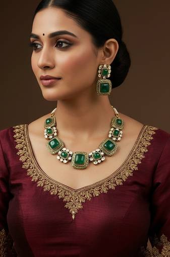 Antique gold-plated green stone choker necklace set with pearls