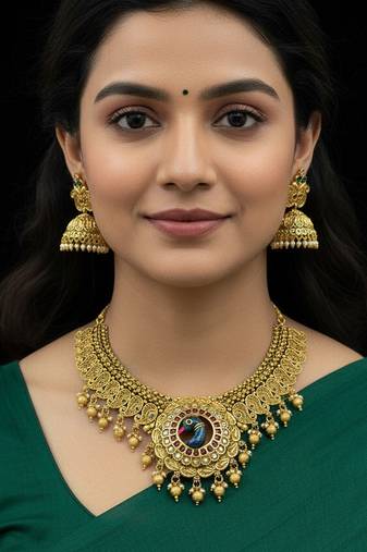 Majestic gold-toned peacock pendant antique kundan necklace set with jhumka earrings