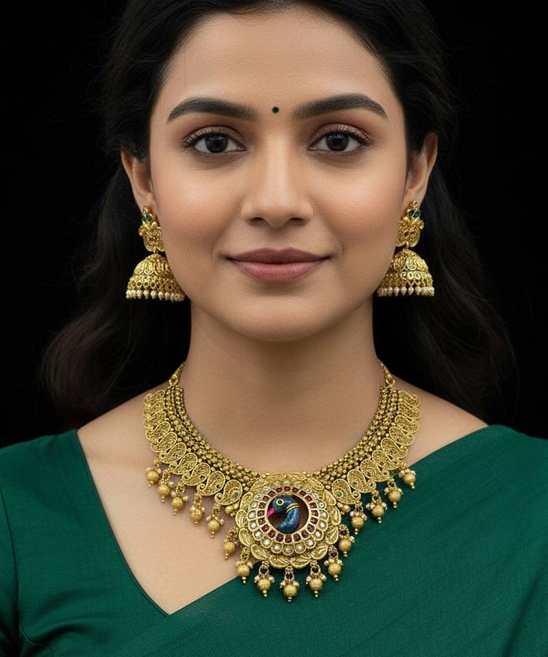 Majestic gold-toned peacock pendant antique kundan necklace set with jhumka earrings