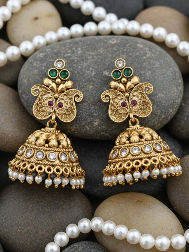 Majestic gold-toned peacock pendant antique kundan necklace set with jhumka earrings