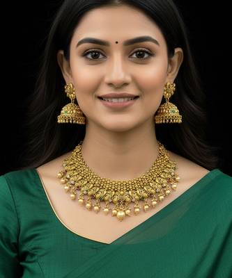 Royal antique gold temple choker necklace set with pearl drops & peacock jhumkas 1