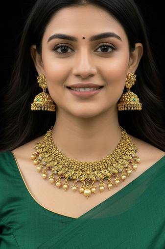 Royal antique gold temple choker necklace set with pearl drops & peacock jhumkas