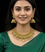 Royal antique gold temple choker necklace set with pearl drops & peacock jhumkas