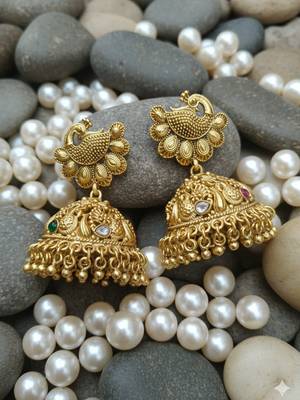 Royal antique gold temple choker necklace set with pearl drops & peacock jhumkas 2