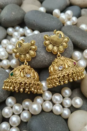 Royal antique gold temple choker necklace set with pearl drops & peacock jhumkas