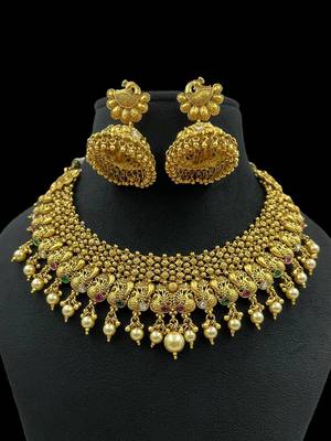 Royal antique gold temple choker necklace set with pearl drops & peacock jhumkas 3