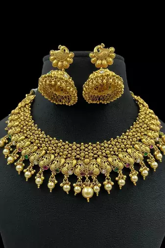 Royal antique gold temple choker necklace set with pearl drops & peacock jhumkas