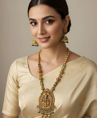 Antique lakshmi temple long haram necklace set with green beads & jhumkas 1