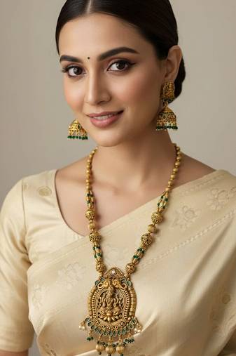 Antique lakshmi temple long haram necklace set with green beads & jhumkas