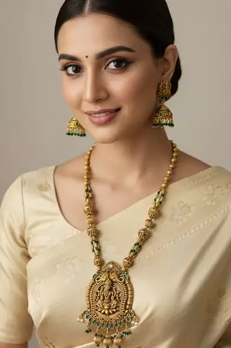 Antique lakshmi temple long haram necklace set with green beads & jhumkas