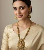Antique lakshmi temple long haram necklace set with green beads & jhumkas