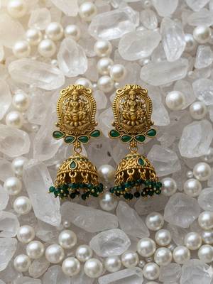 Antique lakshmi temple long haram necklace set with green beads & jhumkas 2