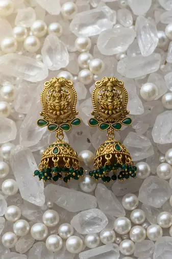 Antique lakshmi temple long haram necklace set with green beads & jhumkas