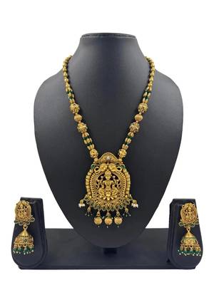 Antique lakshmi temple long haram necklace set with green beads & jhumkas 3