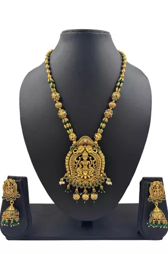 Antique lakshmi temple long haram necklace set with green beads & jhumkas