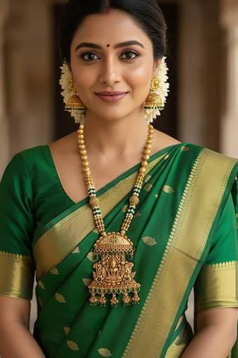 Antique lakshmi temple long haram necklace set with green beads & jhumkas