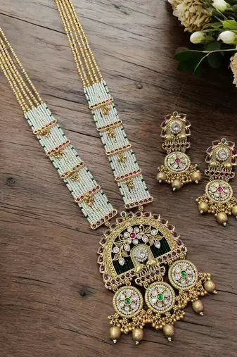 Royal rajwadi long necklace set with premium golden plating