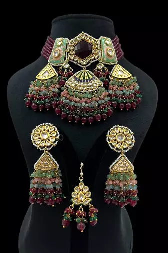 Handcrafted majestic multicolor kundan onyx beaded bridal choker set