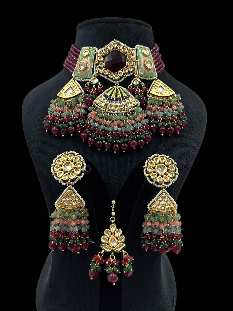 Handcrafted majestic multicolor kundan onyx beaded bridal choker set