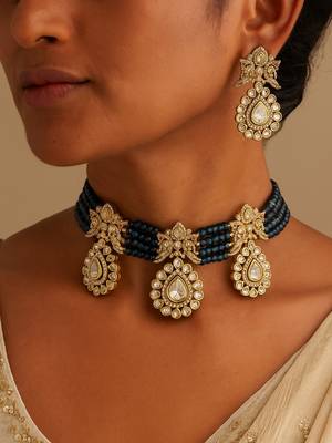 Elegant onyx beaded victorian necklace set with moissanite polki cz 1
