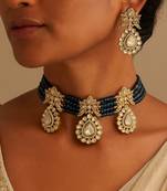 Elegant onyx beaded victorian necklace set with moissanite polki cz