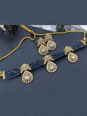 Elegant onyx beaded victorian necklace set with moissanite polki cz 3