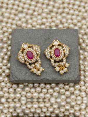 Stylish cz & moissanite polki pendant necklace set in premium brass 2