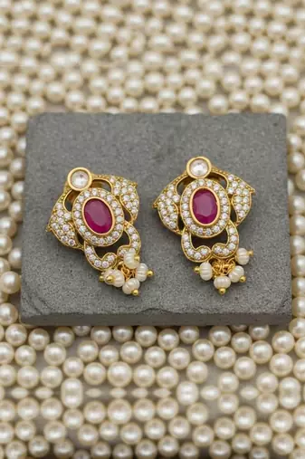 Stylish cz & moissanite polki pendant necklace set in premium brass