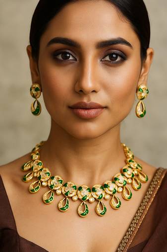 Elegant moissanite polki necklace set with golden polish & teardrop danglers