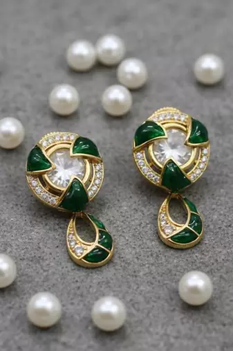Elegant moissanite polki necklace set with golden polish & teardrop danglers