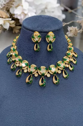 Elegant moissanite polki necklace set with golden polish & teardrop danglers