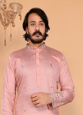 Pink embroidered linen cotton kurta for men 2