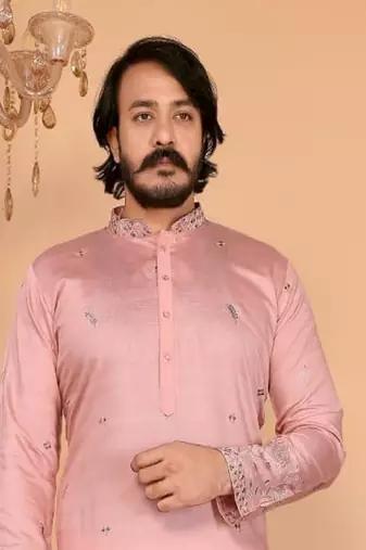 Pink embroidered linen cotton kurta for men
