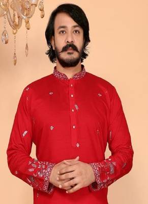 Red embroidered linen cotton kurta for men 2