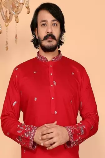 Red embroidered linen cotton kurta for men