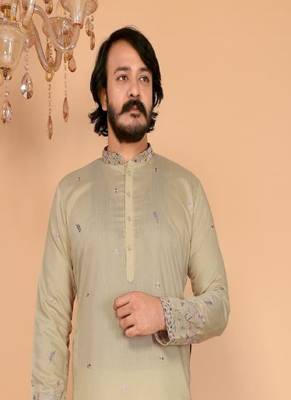 Light yellow embroidered linen cotton kurta for men 2