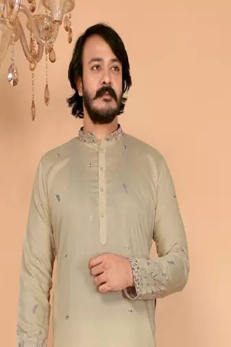 Light yellow embroidered linen cotton kurta for men
