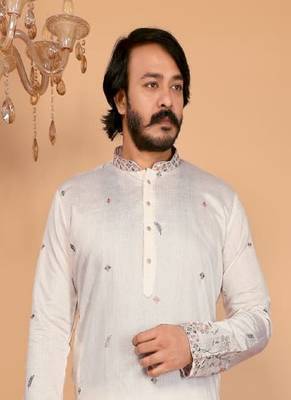 White embroidered linen cotton kurta for men 2