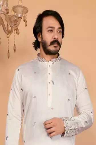 White embroidered linen cotton kurta for men