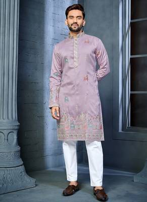 Lavender multi thread embroidery deer pattern daaman work kurta pajama set 1