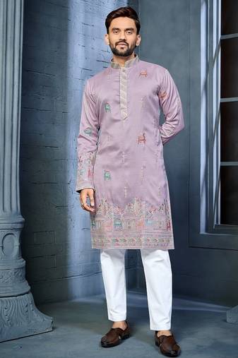 Lavender multi thread embroidery deer pattern daaman work kurta pajama set