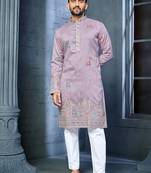 Lavender multi thread embroidery deer pattern daaman work kurta pajama set