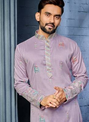 Lavender multi thread embroidery deer pattern daaman work kurta pajama set 2