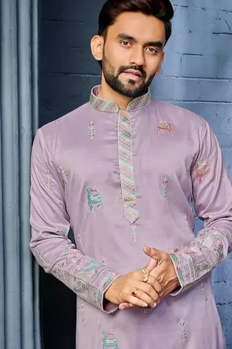 Lavender multi thread embroidery deer pattern daaman work kurta pajama set