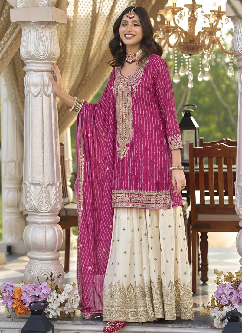 Rani pink chinon silk embroidered with digital print plazzo suit